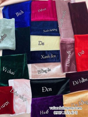 Áo dài nhung màu đỏ tươi thêu hoa eo 6 bang mau vai nhung