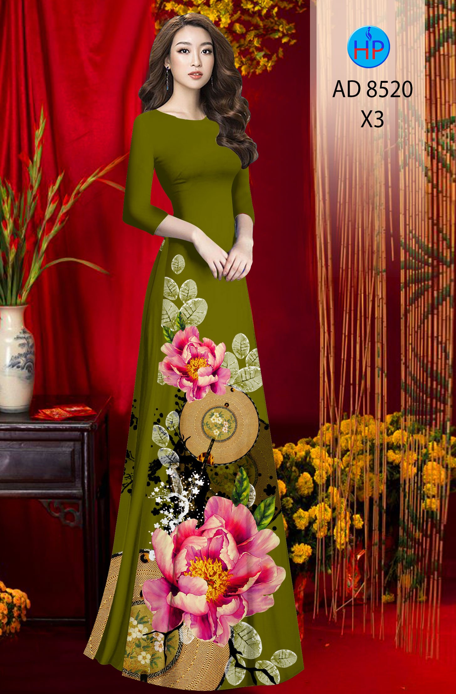 Vải Áo Dài Hoa In 3D kiểu mới AD 8520 44 Vải Áo Dài Hoa In 3D kiểu mới AD 8520
