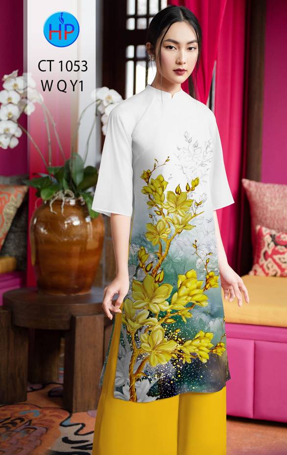 Vải Áo Dài Tết Hoa Mai Vàng kiểu mới AD CT1053 52 Vải Áo Dài Tết Hoa Mai Vàng kiểu mới AD CT1053