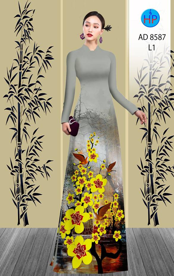 Vải Áo Dài Hoa Mai Vàng thiết kế 2021 AD 8587