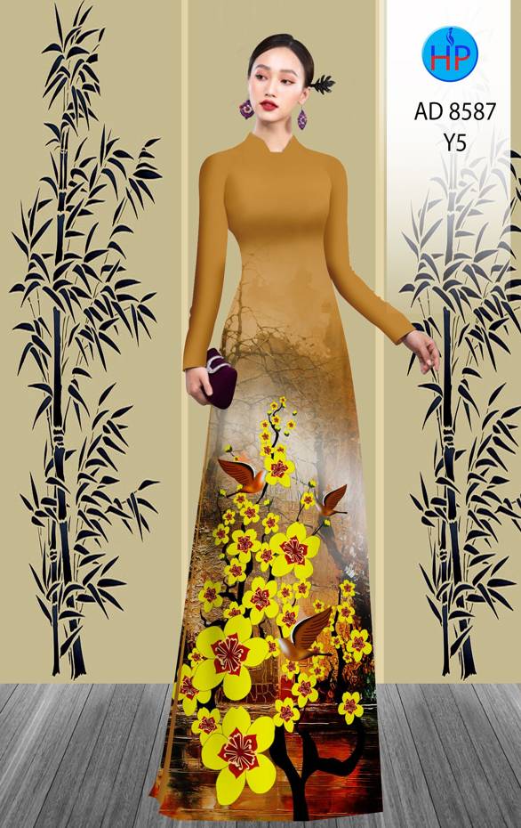Vải Áo Dài Hoa Mai Vàng thiết kế 2021 AD 8587