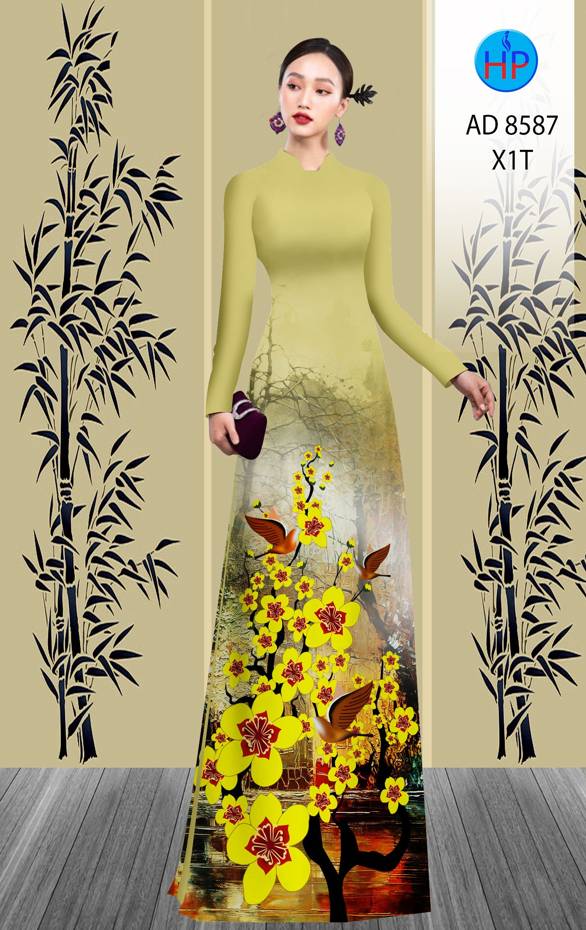 Vải Áo Dài Hoa Mai Vàng thiết kế 2021 AD 8587