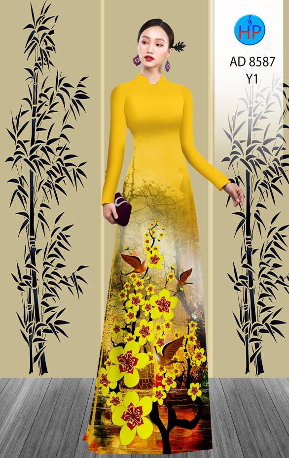 Vải Áo Dài Hoa Mai Vàng thiết kế 2021 AD 8587