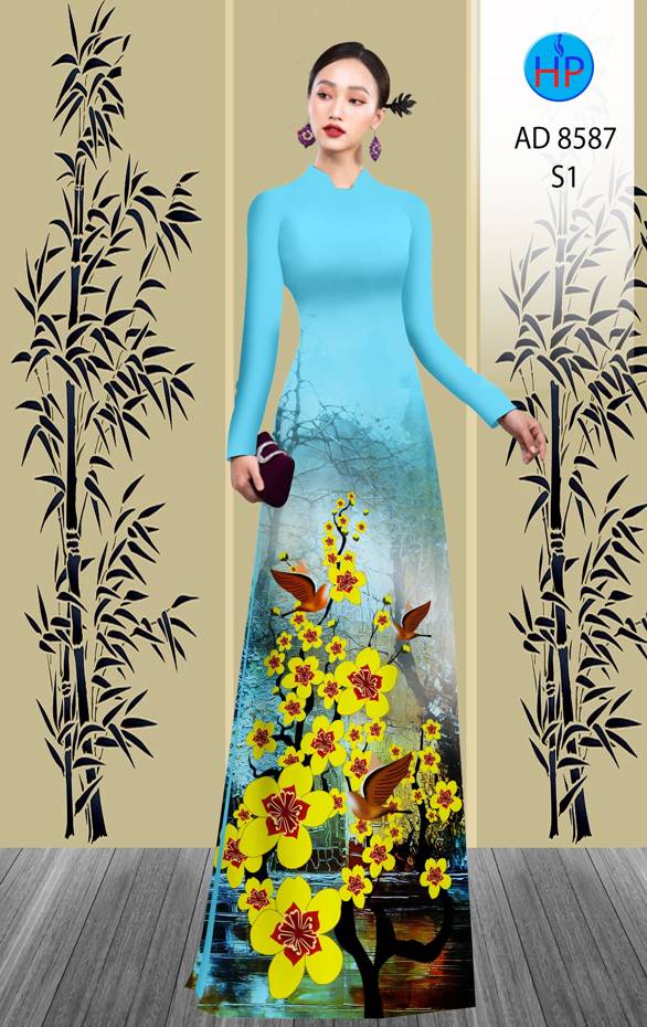 Vải Áo Dài Hoa Mai Vàng thiết kế 2021 AD 8587
