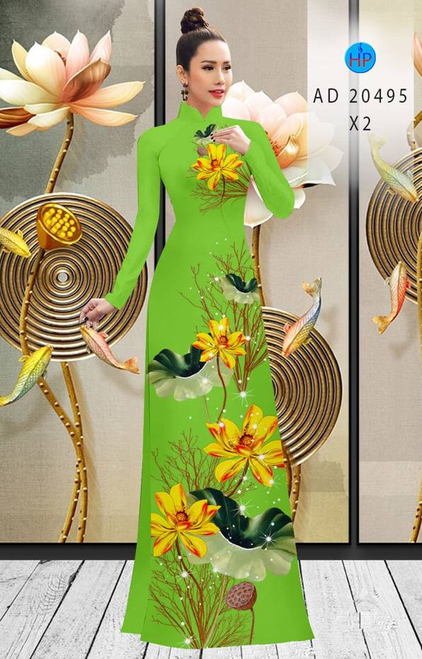 Vải Áo Dài Hoa Sen Vàng kiểu mới AD 20495 60 Vải Áo Dài Hoa Sen Vàng kiểu mới AD 20495