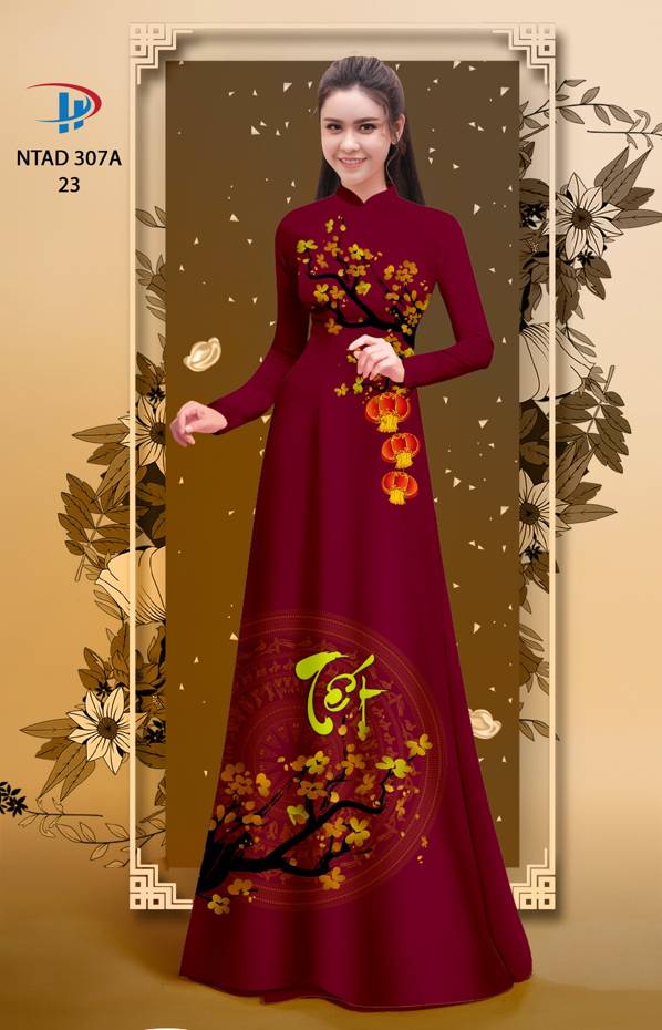Vải Áo Dài Tết Hoa Đào thiết kế 2021 AD NTAD307A