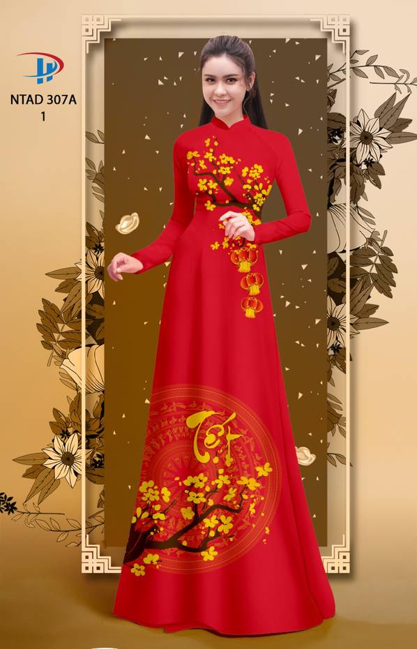 Vải Áo Dài Tết Hoa Đào thiết kế 2021 AD NTAD307A