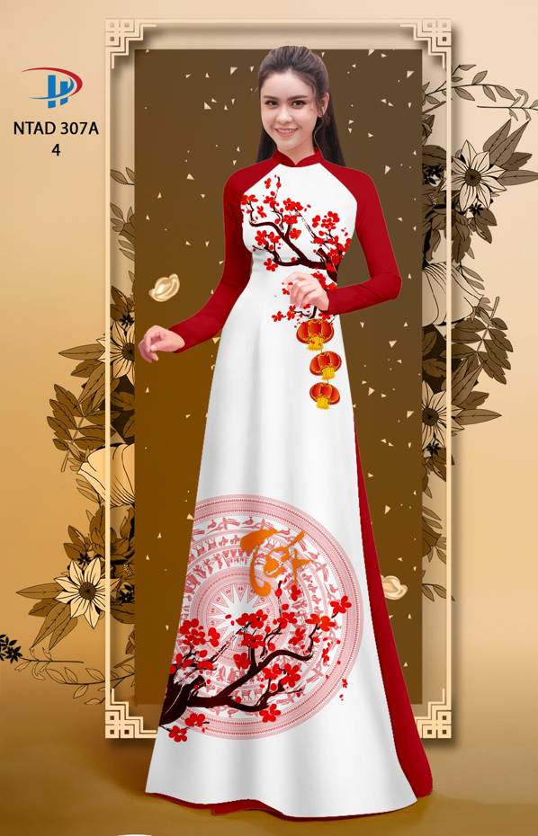 Vải Áo Dài Tết Hoa Đào thiết kế 2021 AD NTAD307A