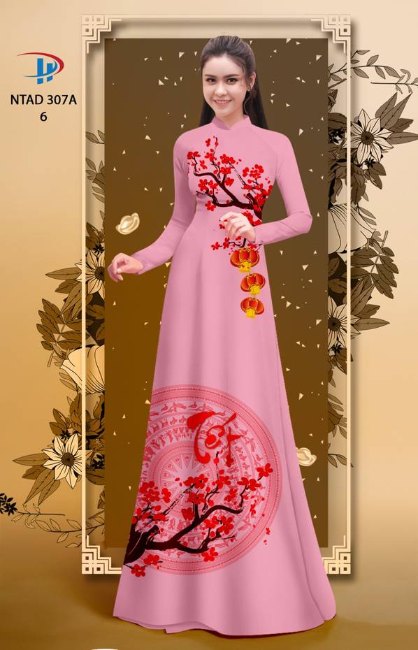 Vải Áo Dài Tết Hoa Đào thiết kế 2021 AD NTAD307A