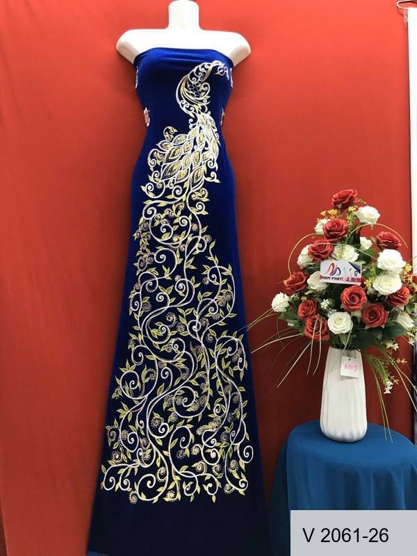 Vải Áo Dài Nhung Vẽ Tay Chim Công Cao Cấp Vừa Ra  AD V2061-26