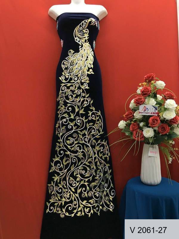Vải Áo Dài Nhung Vẽ Tay Chim Công Cao Cấp Vừa Ra  AD V2061-26