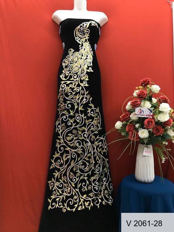 Vải Áo Dài Nhung Vẽ Tay Chim Công Cao Cấp Vừa Ra  AD V2061-26