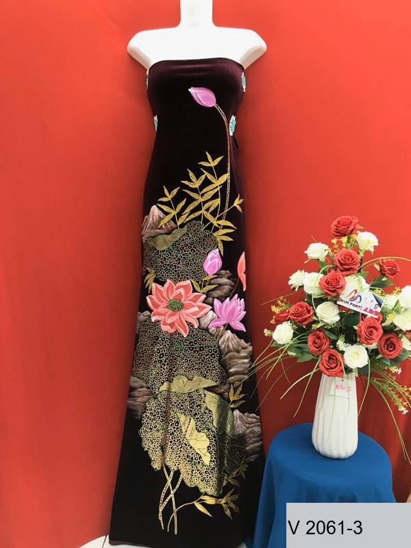 Vải Áo Dài Nhung Vẽ Tay Hoa Sen Cao Cấp Vừa Ra  AD V2061-1