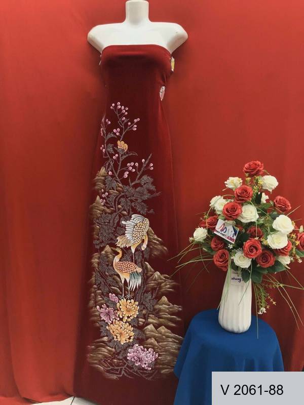 Vải Áo Dài Nhung Vẽ Tay Chim Hạc Cao Cấp Thiết Kế 2021 AD V2061-28