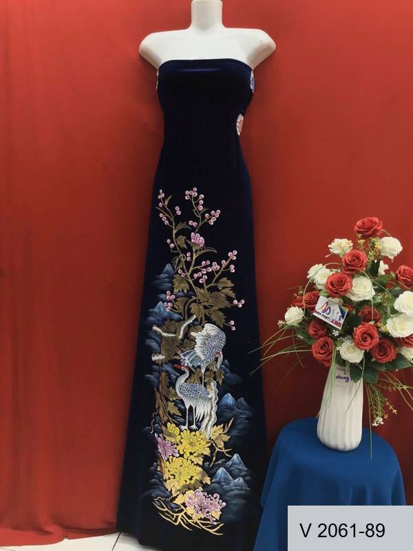 Vải Áo Dài Nhung Vẽ Tay Chim Hạc Cao Cấp Thiết Kế 2021 AD V2061-28