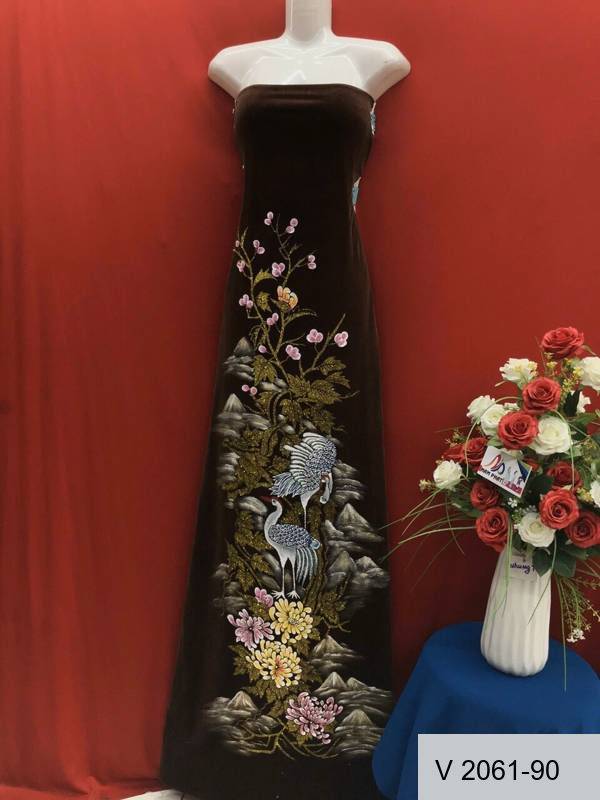 Vải Áo Dài Nhung Vẽ Tay Chim Hạc Cao Cấp Thiết Kế 2021 AD V2061-28