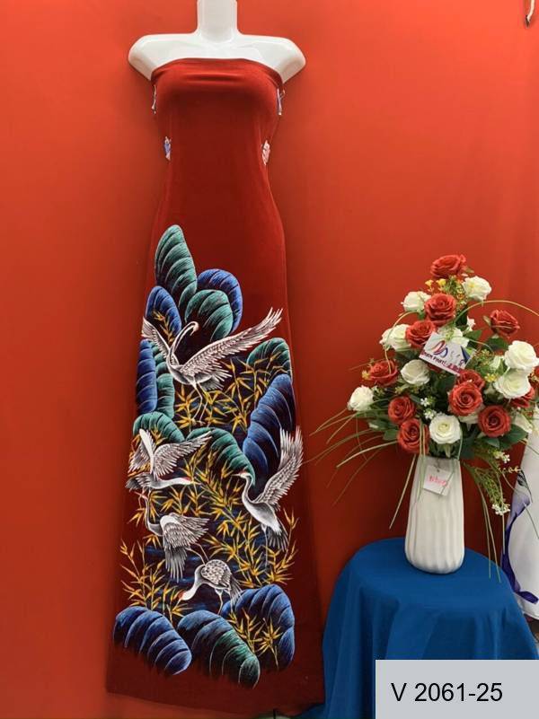 Vải Áo Dài Nhung Vẽ Tay Chim Hạc Cao Cấp Mới Ra AD V2061-23