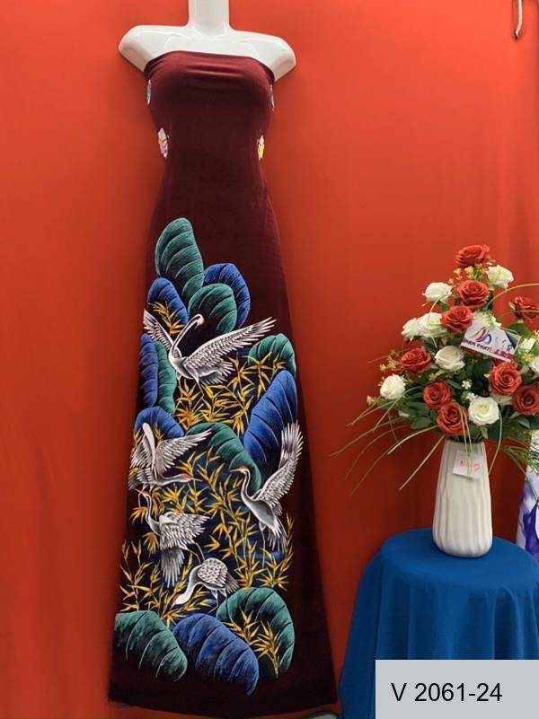 Vải Áo Dài Nhung Vẽ Tay Chim Hạc Cao Cấp Mới Ra AD V2061-23