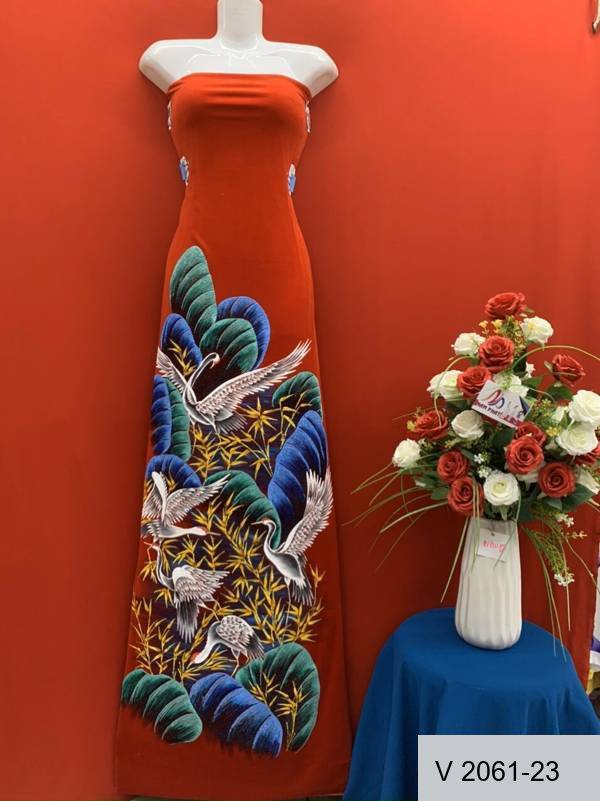 Vải Áo Dài Nhung Vẽ Tay Chim Hạc Cao Cấp Mới Ra AD V2061-23