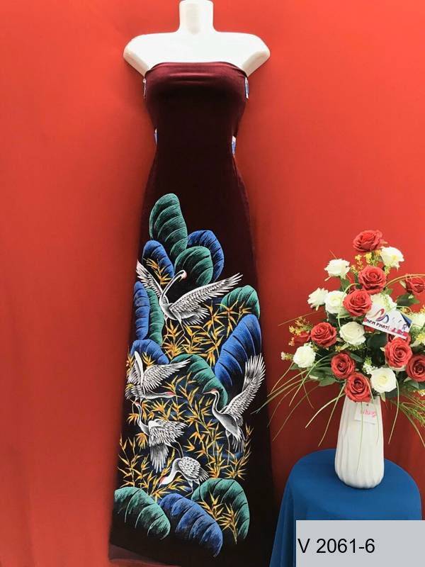Vải Áo Dài Nhung Vẽ Tay Chim Hạc Cao Cấp Mới Ra AD V2061-23