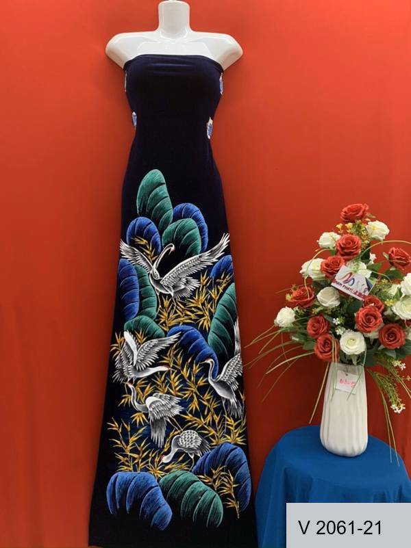 Vải Áo Dài Nhung Vẽ Tay Chim Hạc Cao Cấp Mới Ra AD V2061-23