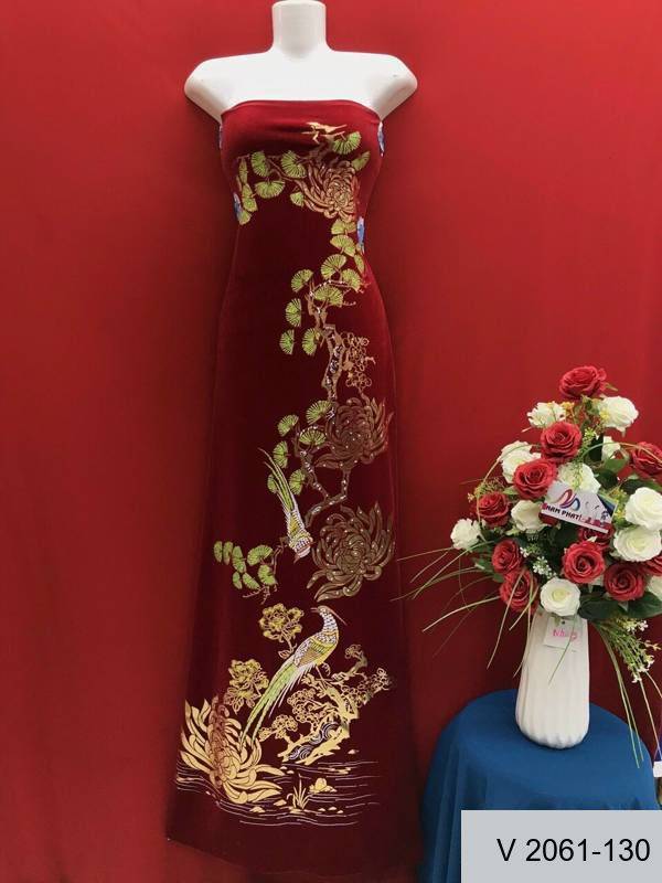 Vải Áo Dài Nhung Vẽ Tay Cao Cấp Hình Chim Công Mới Ra AD V2061-126