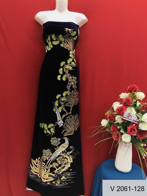 Vải Áo Dài Nhung Vẽ Tay Cao Cấp Hình Chim Công Mới Ra AD V2061-126
