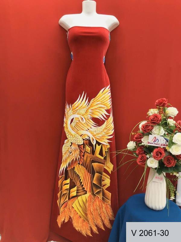 Vải Áo Dài Nhung Vẽ Tay Cao Cấp Hình Chim Hạc Độc Đáo AD V2061-30