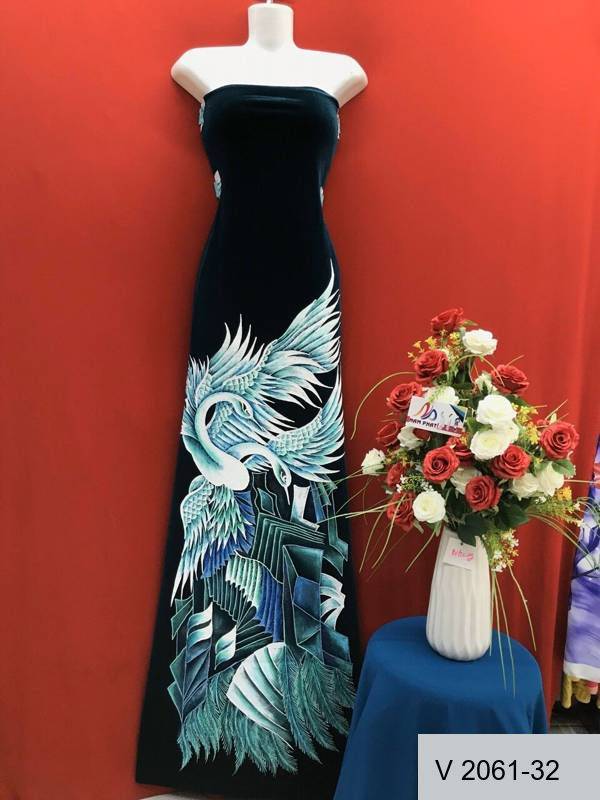 Vải Áo Dài Nhung Vẽ Tay Cao Cấp Hình Chim Hạc Độc Đáo AD V2061-30
