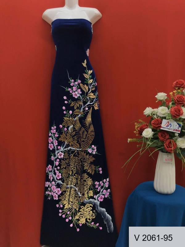 Vải Áo Dài Nhung Vẽ Tay Cao Cấp Chim Hạc Và Lá Trúc Độc Đáo AD V2061-93