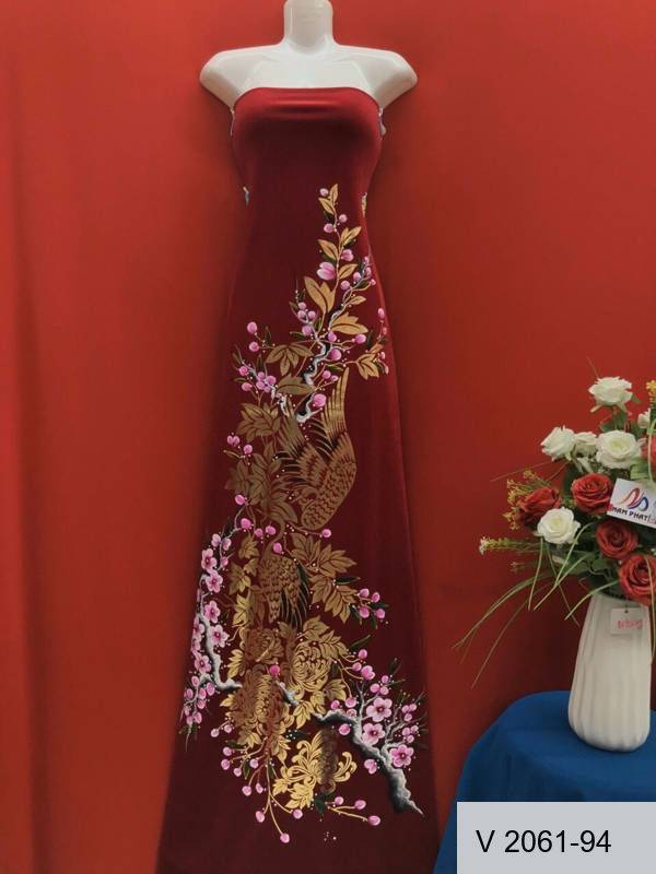 Vải Áo Dài Nhung Vẽ Tay Cao Cấp Chim Hạc Và Lá Trúc Độc Đáo AD V2061-93