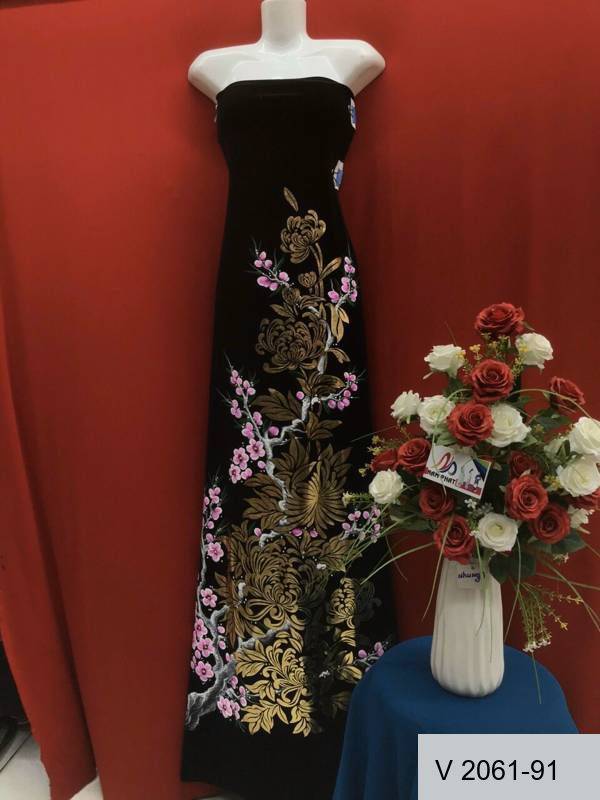 Vải Áo Dài Nhung Vẽ Tay Cao Cấp Chim Hạc Và Lá Trúc Độc Đáo AD V2061-93