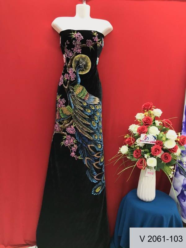 Vải Áo Dài Nhung Vẽ Chim Công Kiểu Mới AD V2061-103 4 Vải Áo Dài Nhung Vẽ Chim Công Kiểu Mới AD V2061-103