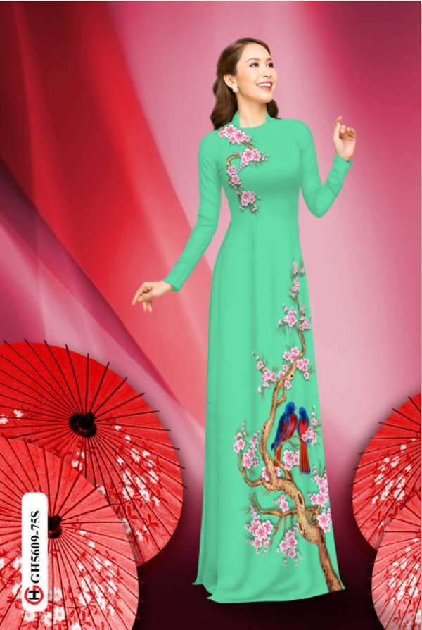 Vải Áo Dài Hoa Đào Và Chim Vừa Ra AD GH5609 40 Vải Áo Dài Hoa Đào Và Chim Vừa Ra AD GH5609