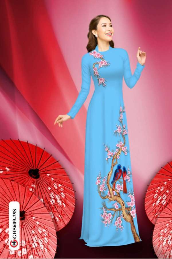 Vải Áo Dài Hoa Đào Và Chim Vừa Ra AD GH5609 45 Vải Áo Dài Hoa Đào Và Chim Vừa Ra AD GH5609
