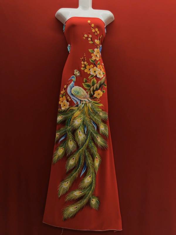 Vải Áo Dài Vẽ Tay Cao Cấp Chim Công Độc Đáo AD VE130419